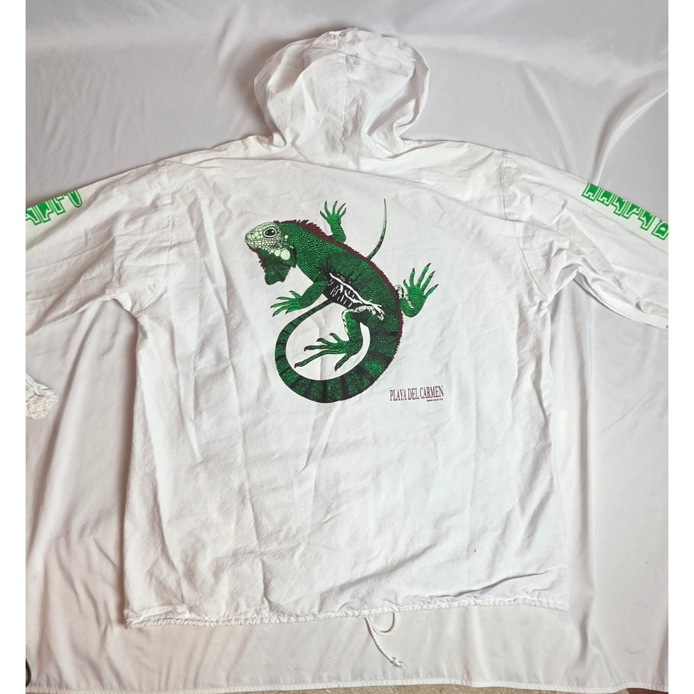 Vintage Playa Del Carmen Mexico Iguana Graphic Hoodie White Zip Jacket Large Y2K